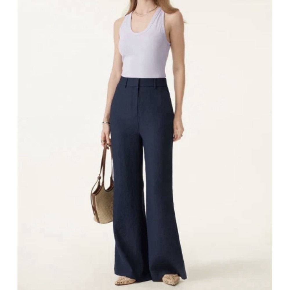 OGL MOVE European Linen Mid Rise Flared Pant with Pockets - Denim Navy Sz Small